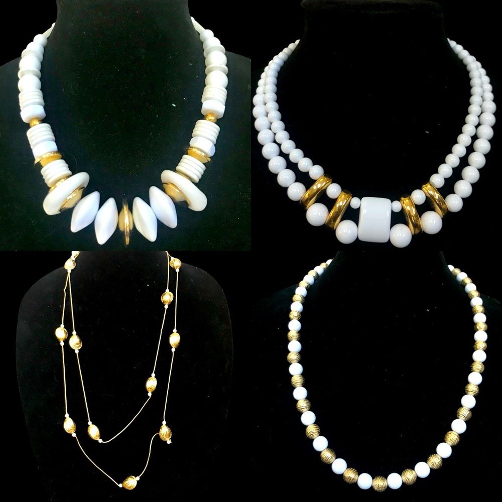 Lot of 4 Vintage Gold White Beaded Chunky Necklaces Extra Long Chain beads 80s